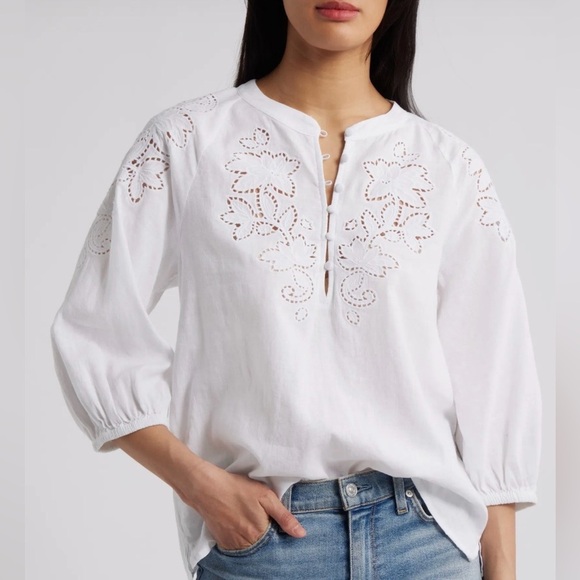 Caslon Tops - New Caslon Eyelet Floral Top Embroidered Cutwork Linen Blend Popover Split Neck